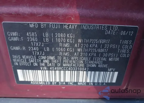 2013 Subaru Outback 2.5I Premium z USA, uszkodzony, nr VIN 4S4BRCCC4D3210042